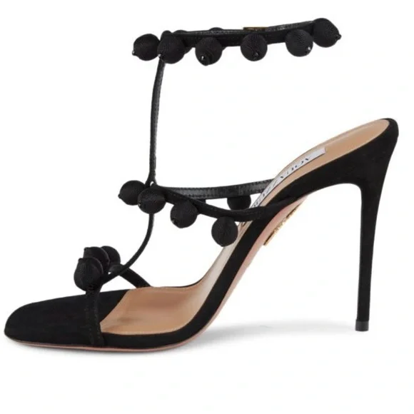 Aquazzura Black Pom Pom Sandals - Picture 5 of 11
